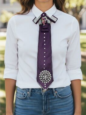 Upcycle Embellished Purple Rhinestone Tie Necklace custom made